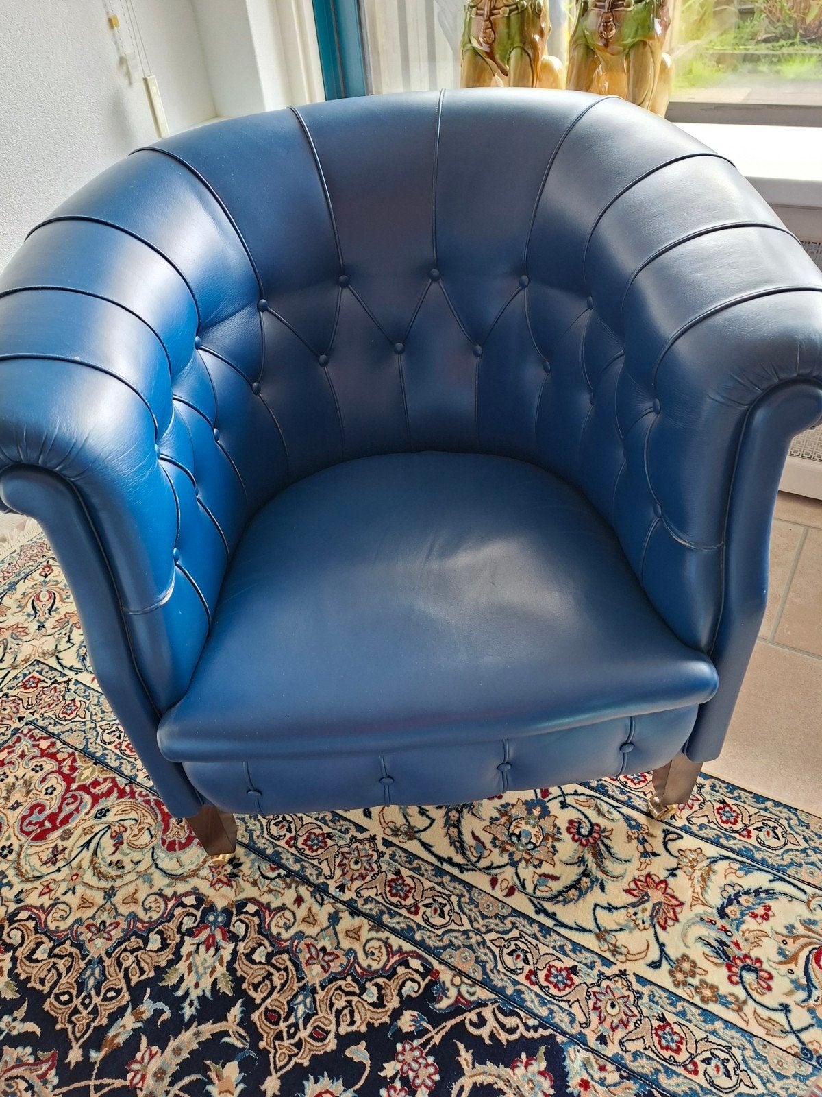 2 donkerblauwe fauteuils van Poltrona Frau, Ophalen, Gebruikt, 75 tot 100 cm, Klassiek, Chesterfield
