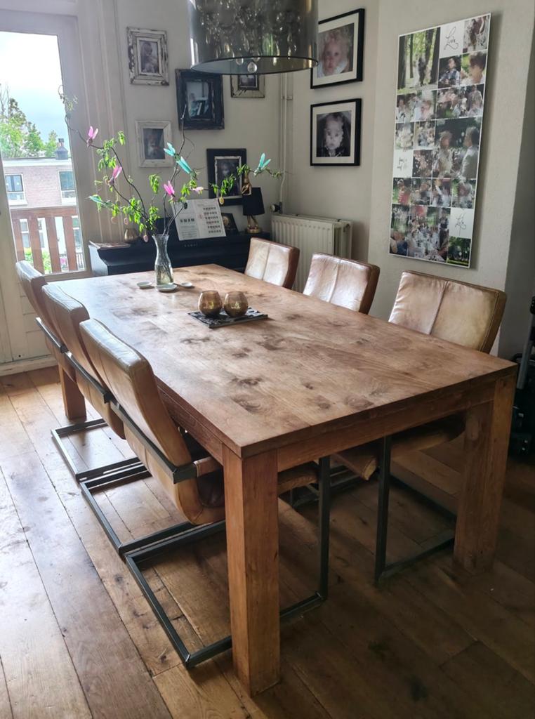 Eettafel - onbehandeld teak - 220x100cm, Ophalen, Gebruikt, 6 tot 8 stoelen