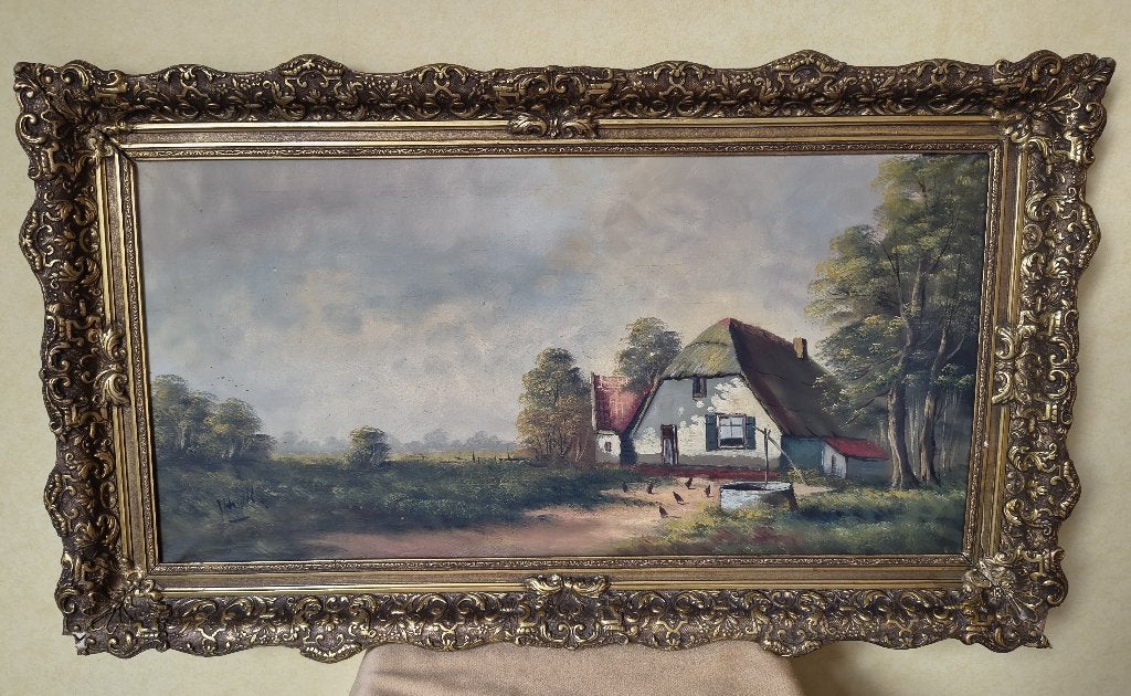 Schilderij gesigneerd met brocante bewerkte lijst, Antiek en Kunst, Ophalen, Landschap