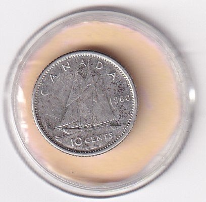 Canada 10 Cent 1960 met krasje, Verzenden, Noord-Amerika, Losse munt, Zilver