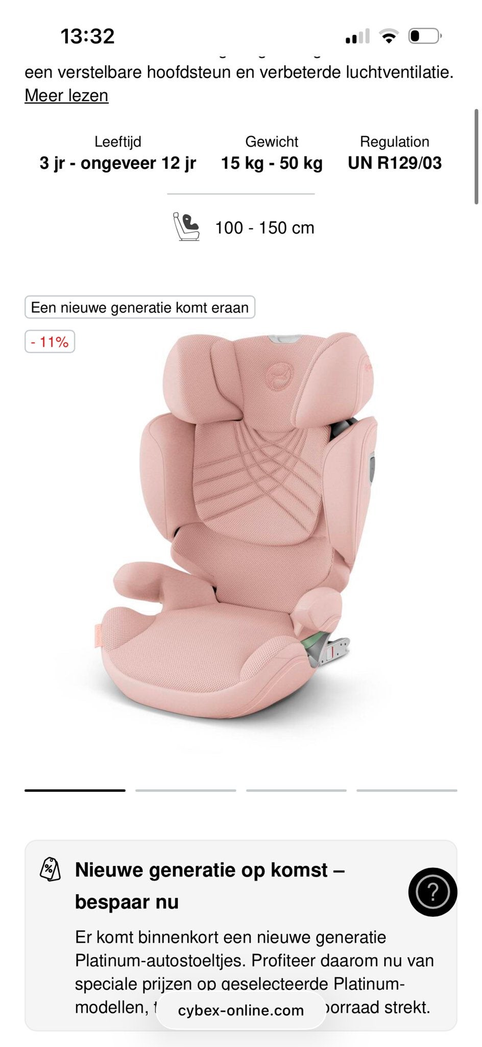 Cybex Platinum autostoel 15-50 kg, 3-12 jaar, roze, Autogordel of Isofix, 15 t/m 36 kg, Verstelbare rugleuning, Zo goed als nieuw