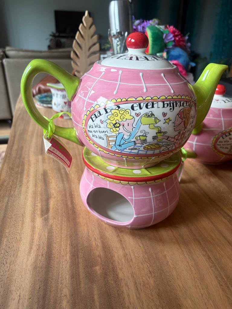 Blond Amsterdam Theepot met Theelicht - Roze/Groen, Ophalen of Verzenden, Zo goed als nieuw, Steen/keramiek, Meerkleurig