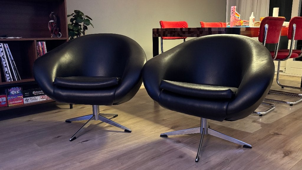 Set: 2 Vintage Rondo kuipstoelen door Folke Jansson, 1960s, Ophalen, Gebruikt, Leer, 75 tot 100 cm