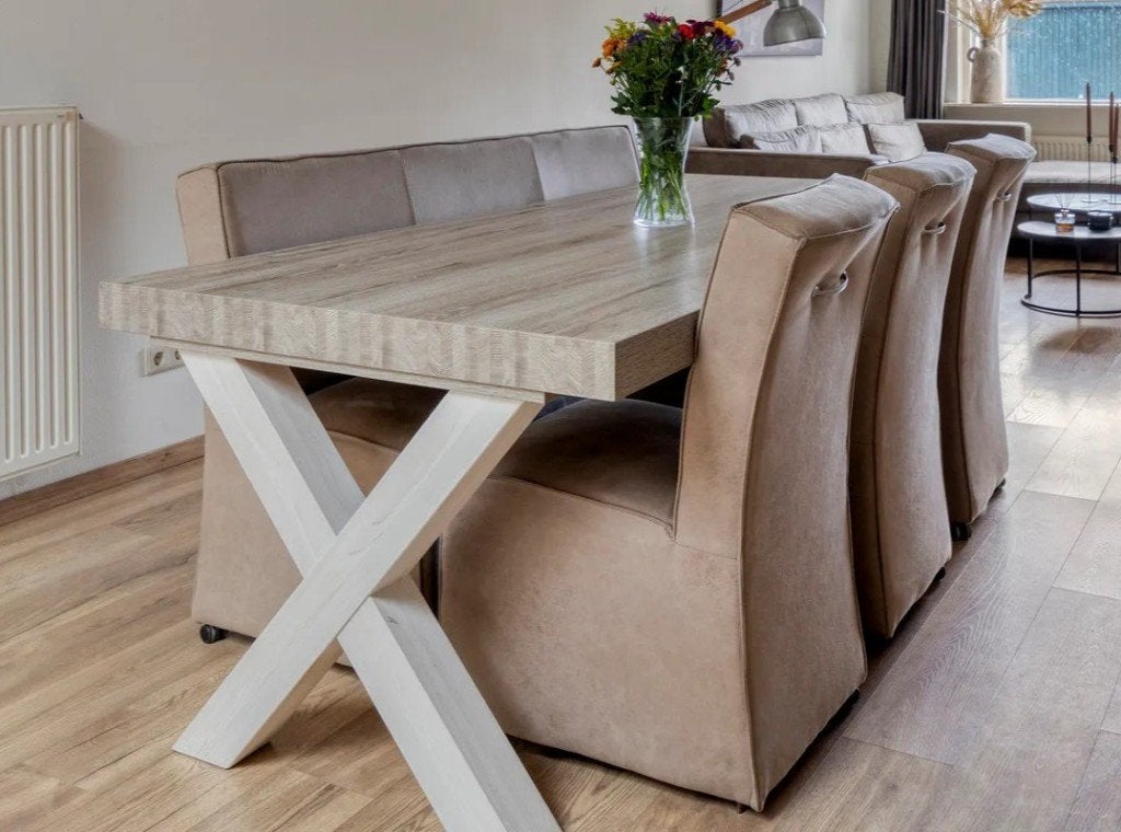 3 Luxe eetkamerstoelen + eetkamerbank in taupe/cognac kleur, Ophalen, Gebruikt, Bruin, Vijf, Zes of meer stoelen
