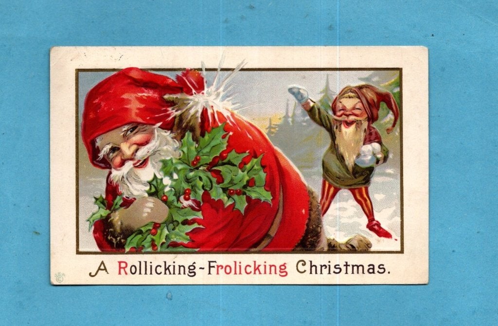 Pracht oude kerstkaart/reliéf M984 - Santa met dwergje  1916, Verzamelen, Verzenden, Voor 1920, Gelopen, Feest(dag)
