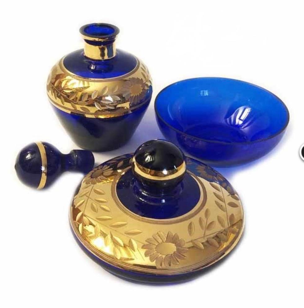 Vintage Murano Kobaltblauw Glas Karaf & Schaal met 24K Goud, Ophalen of Verzenden