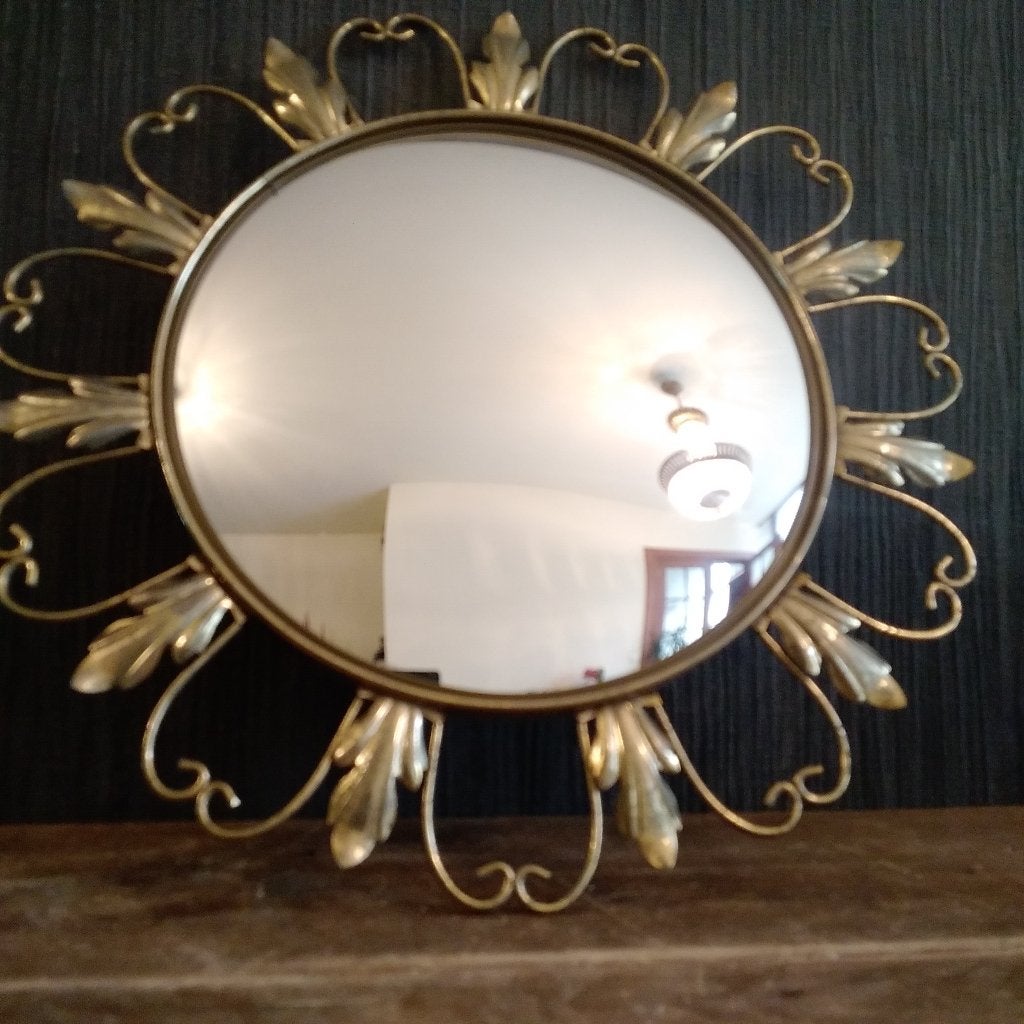 Prachtige grote oude zonnespiegel met bol glas.Deknudt!!, Ophalen of Verzenden, Gebruikt, Rond, Minder dan 100 cm