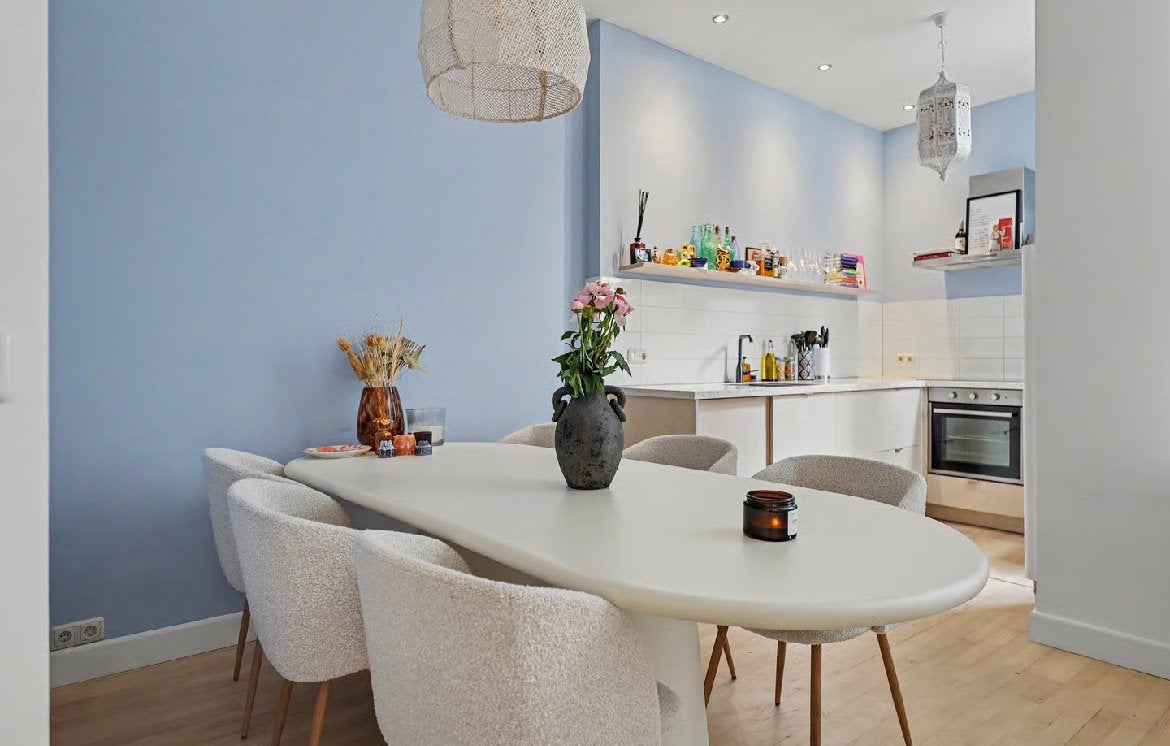 Strakke ovale eettafel, crème wit, 240x100 cm, Ophalen, Overige materialen, Gebruikt, 200 cm of meer