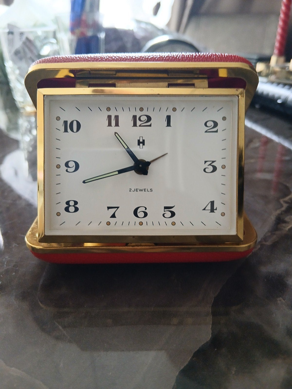 Vintage Reiswekker - Rood Leer en Goudkleurig, Antiek en Kunst, Antiek | Klokken, Ophalen of Verzenden