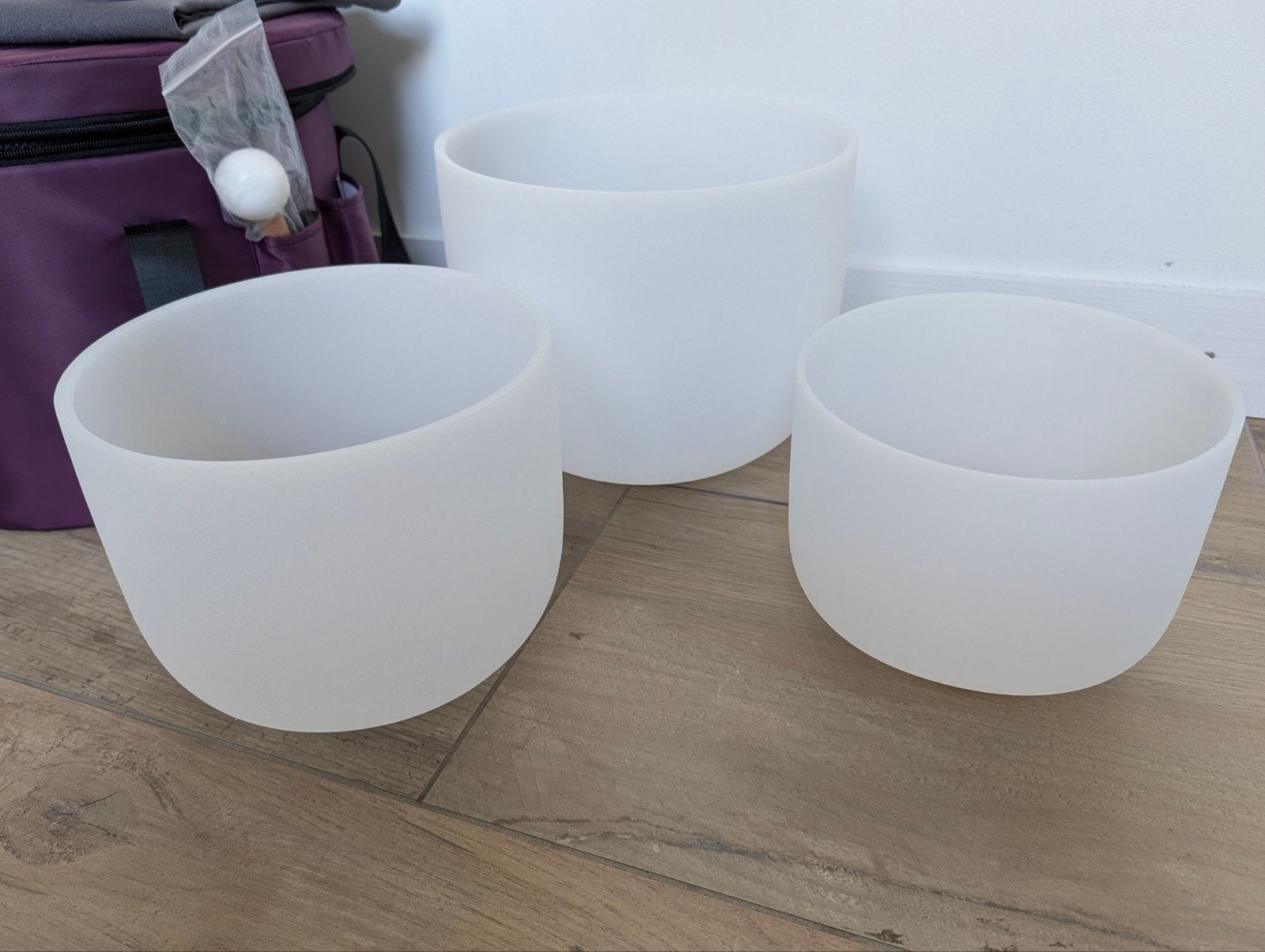 Set van 3 kristallen klankschalen met accessoires, Ophalen, Zo goed als nieuw