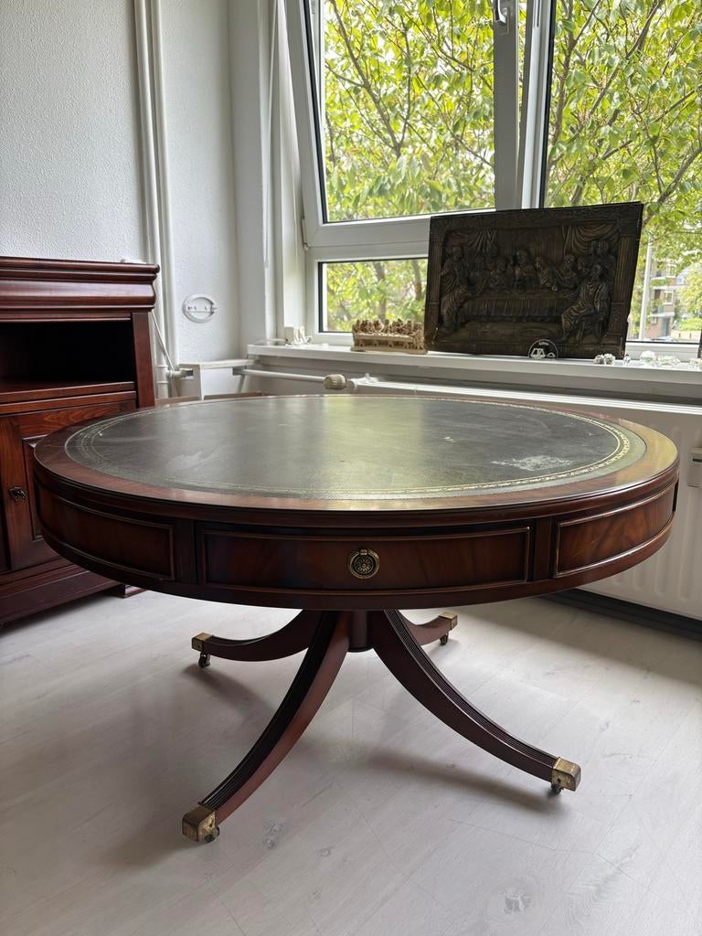 Antieke ronde salontafel met leren blad - Heldense tafel, Ophalen