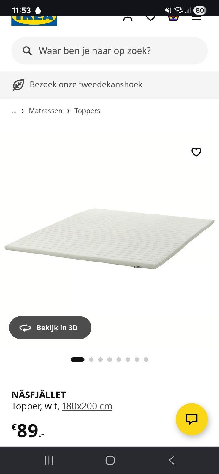 IKEA NÄSFJÄLLET Topper 180x200 - Zo goed als nieuw, Huis en Inrichting, Slaapkamer | Matrassen en Bedbodems, Ophalen of Verzenden