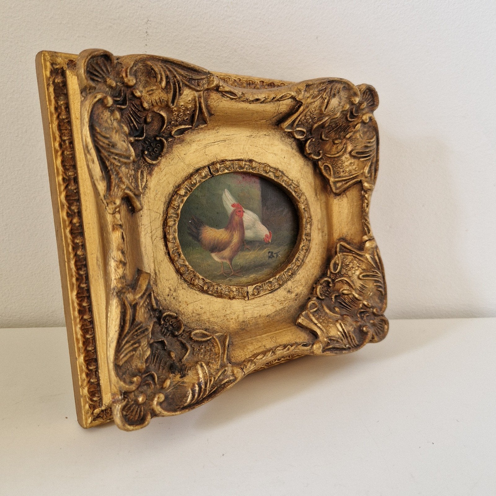 Olieverf op paneel kippen schilderij gouden lijst, Antiek en Kunst, Paneel, Oud hollands, Dieren, Ophalen of Verzenden