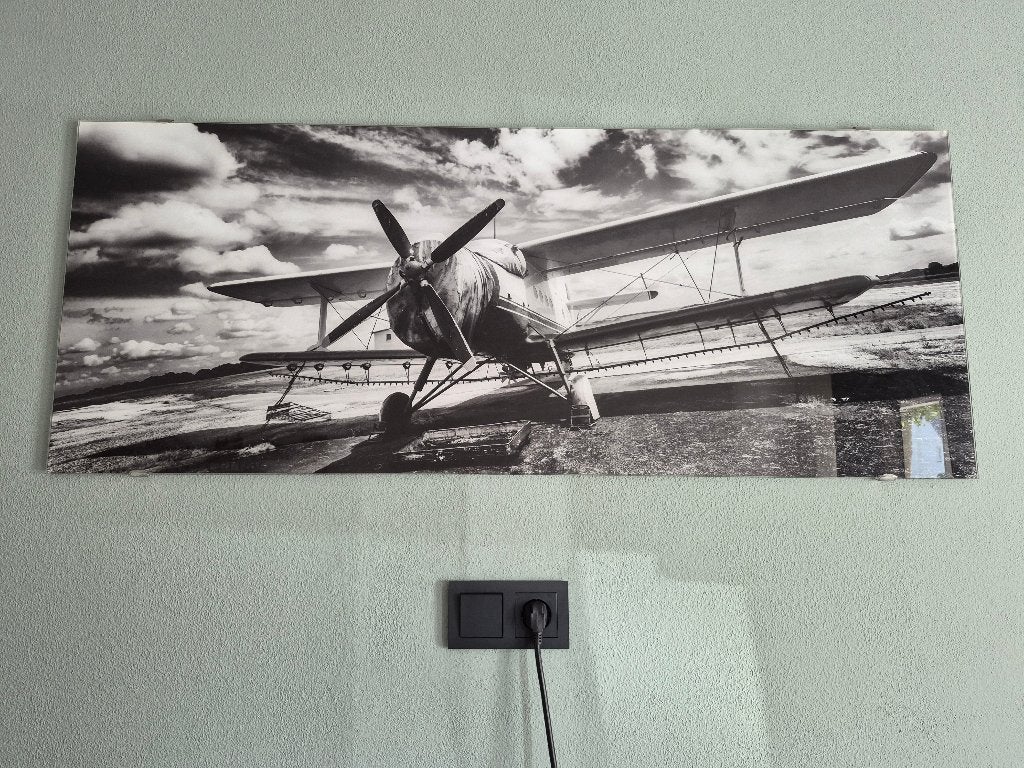 Stoere zwart-wit foto van vliegtuig achter glasplaat, Ophalen, Gebruikt, 125 cm of meer, Foto of Poster