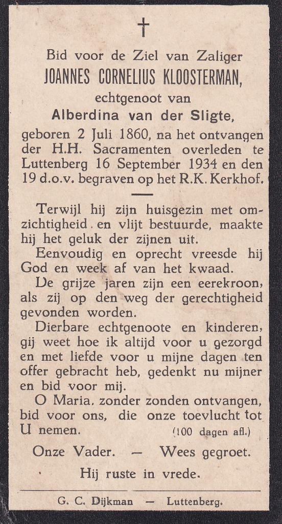 Kloosterman Joannes 1860  --1934  Luttenberg, Ophalen of Verzenden, Bidprentje