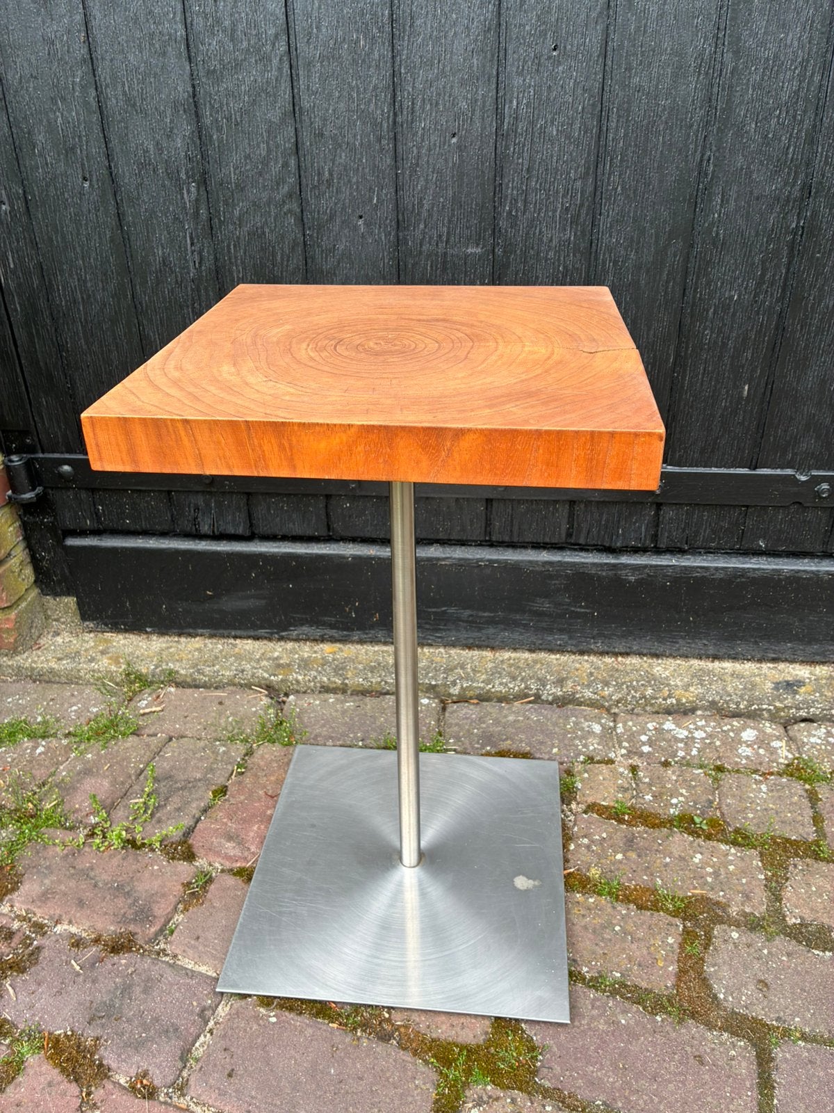 Tafeltje chroom met dik houten blad, Huis en Inrichting, Minder dan 55 cm, Gebruikt, Rechthoekig, Ophalen