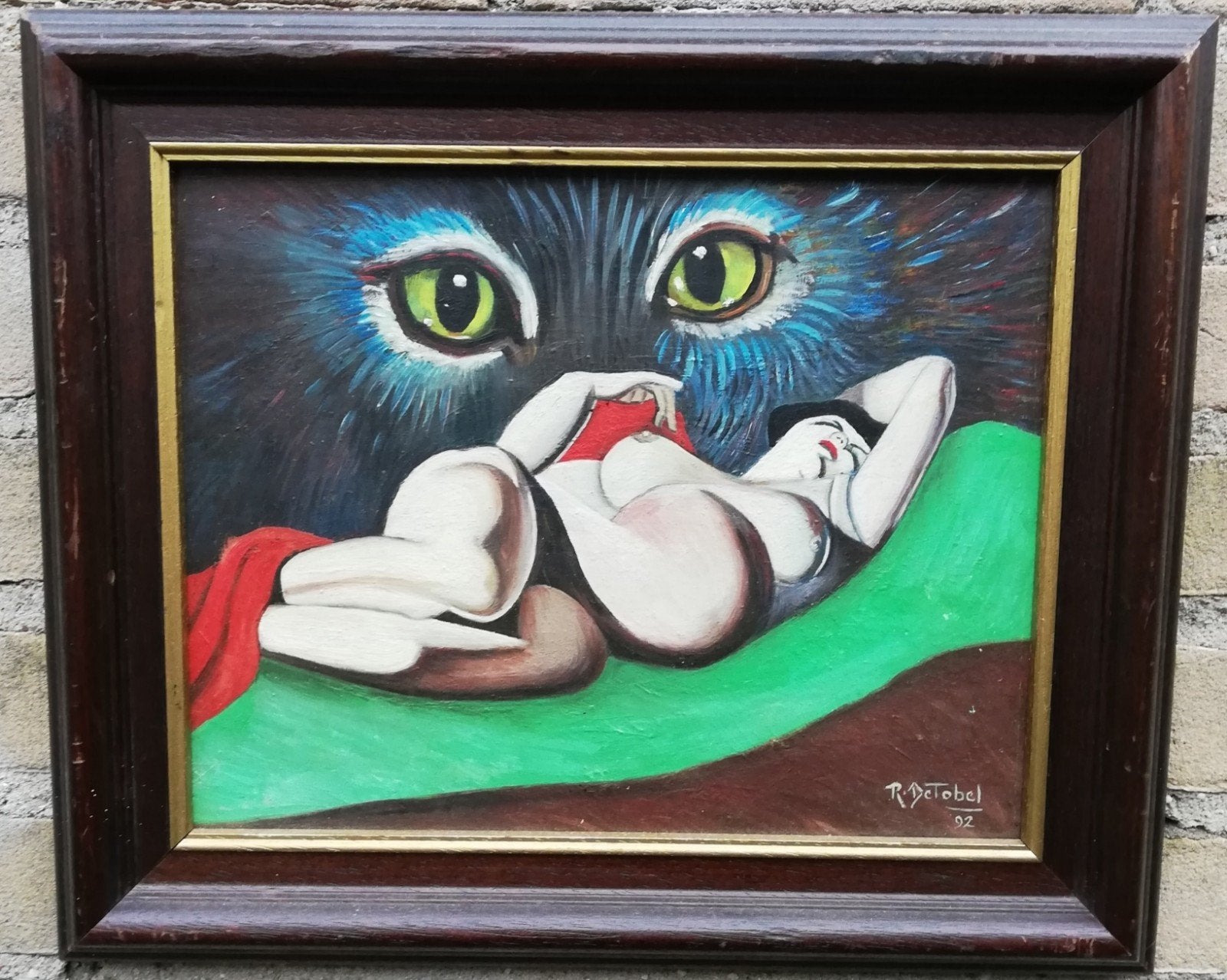 R. De Tobel, Rien ne reste de chat. 38/22 cm., Ophalen, Ingelijst, Olieverf, Hout