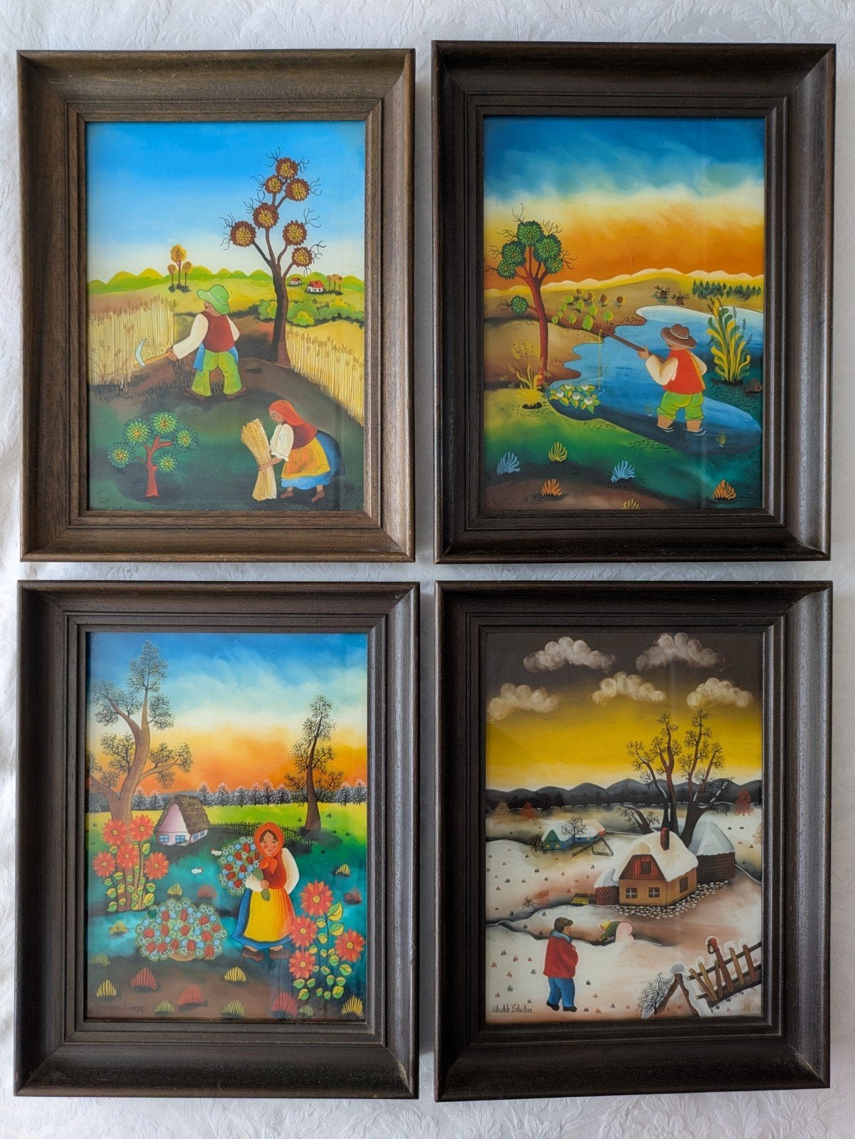 Set van 4 prachtige Roemeense Naïeve Kunst Glas Schilderijen, Ophalen of Verzenden