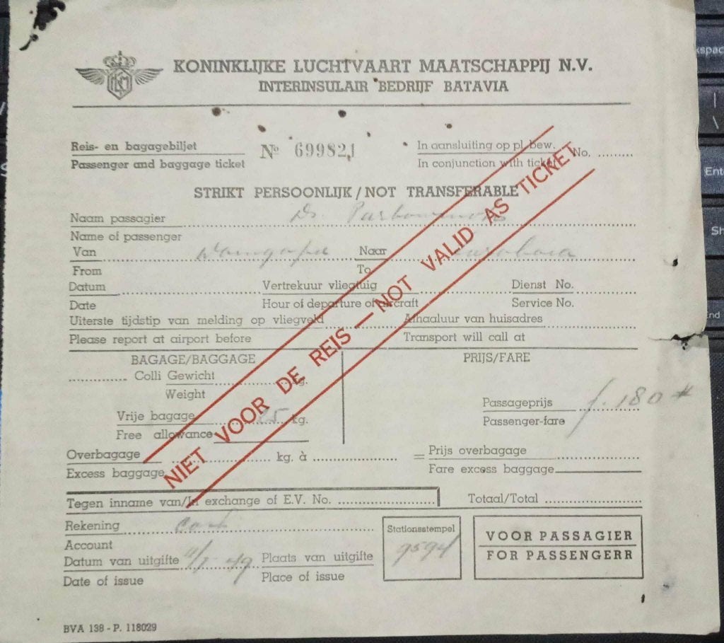 KLM ticket 1949 Waingapoe - Surabaia Passagiers-copie, Ophalen of Verzenden, Gebruikt, Overige typen
