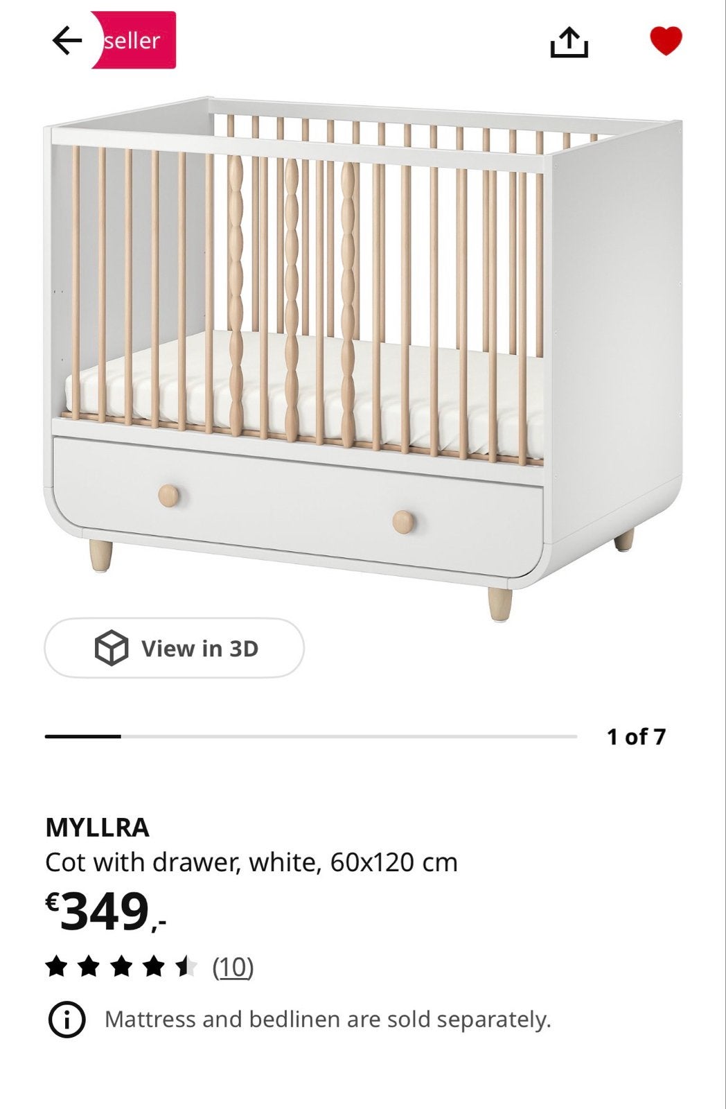 IKEA MYLLRÅ Ledikant met lade, wit, 60x120 cm, Ophalen, Gebruikt, Ledikant