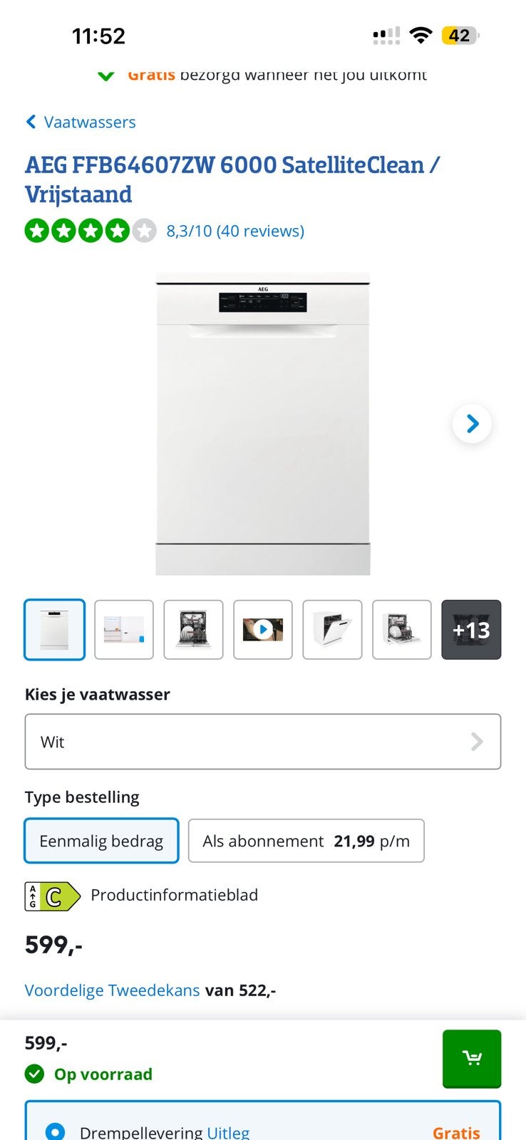 AEG FFB64607ZW Dishwasher – 6000, Witgoed en Apparatuur, Ophalen of Verzenden, Zo goed als nieuw, Minder dan 85 cm
