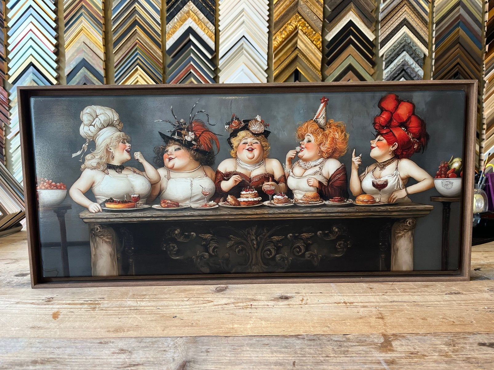Heel leuk schilderij op hout van etende dames, Antiek en Kunst, Kunst | Schilderijen | Modern, Figuren, Hout, Ophalen of Verzenden