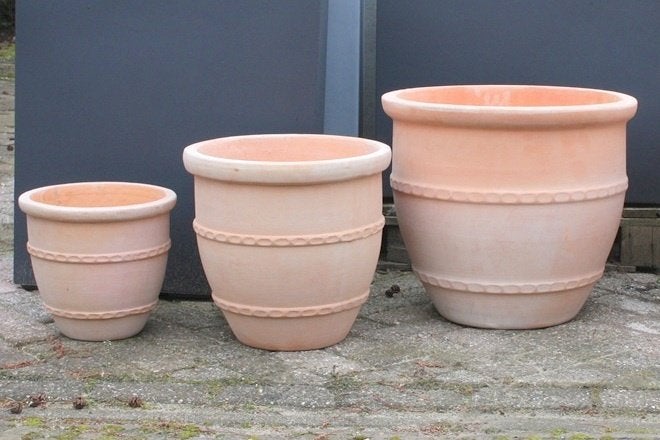 Ronde terracotta bloempotten Greek (4 maten) terras tuin, Tuin en Terras, Bloempotten, Ophalen, 40 cm of meer, Rond, Nieuw