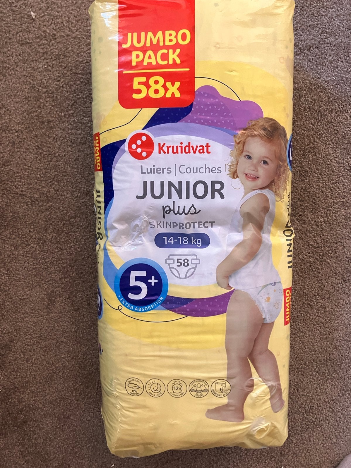 Kruidvat Luiers Junior Plus Maat 5+ (14-18 kg) - 58 stuks, Ophalen, Nieuw