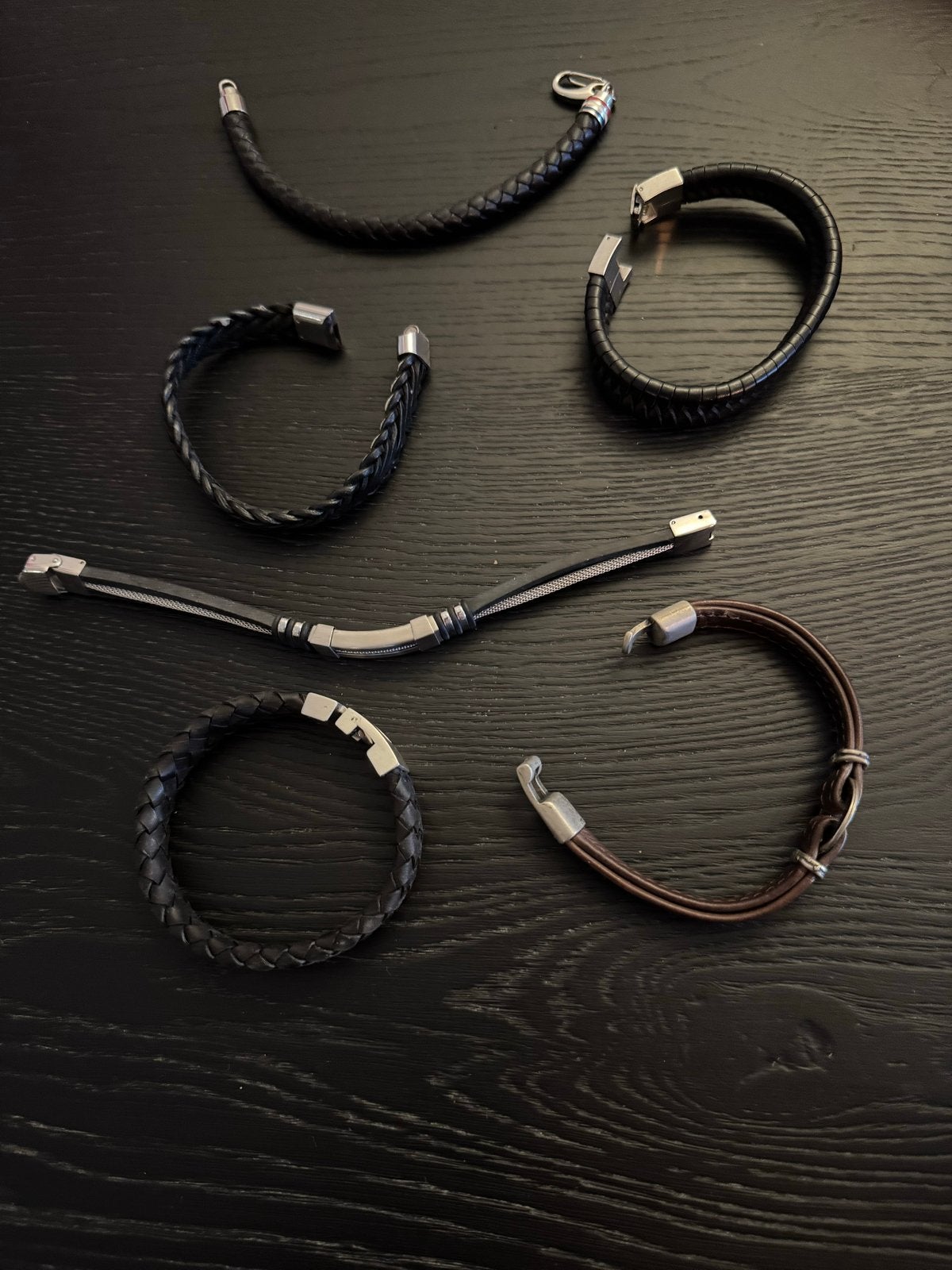 Set heren armbanden - Leer en staal, Ophalen of Verzenden, Gebruikt, Zwart, Leer