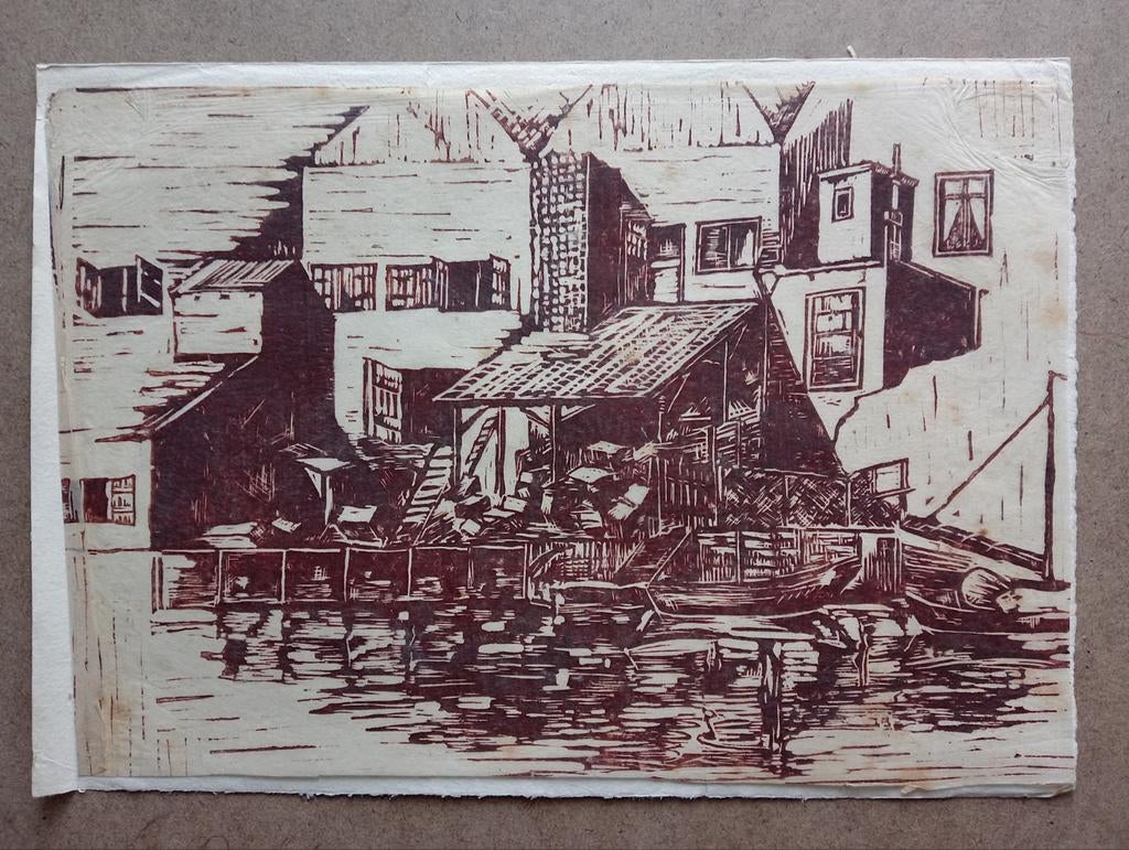 Oude Houtsnede Houtgravure Huizen, Antiek en Kunst, Ophalen of Verzenden