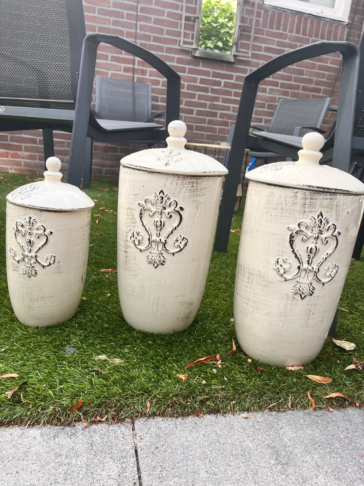 Set van 3 decoratieve potten met deksel, Huis en Inrichting, Woonaccessoires | Vazen, Ophalen, Gebruikt, Beige, Met deksel