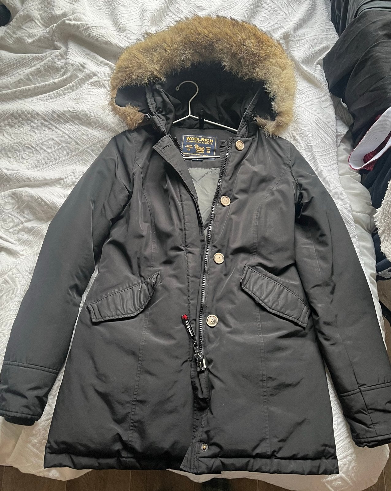 Woolrich Arctic Parka S - Zwart met bontkraag, Ophalen of Verzenden, Gedragen, Maat 36 (S), Zwart