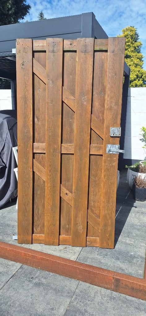 Houten poort 99x200cm met hang en sluitwerk, Ophalen, Gebruikt, Minder dan 100 cm, Draaipoort