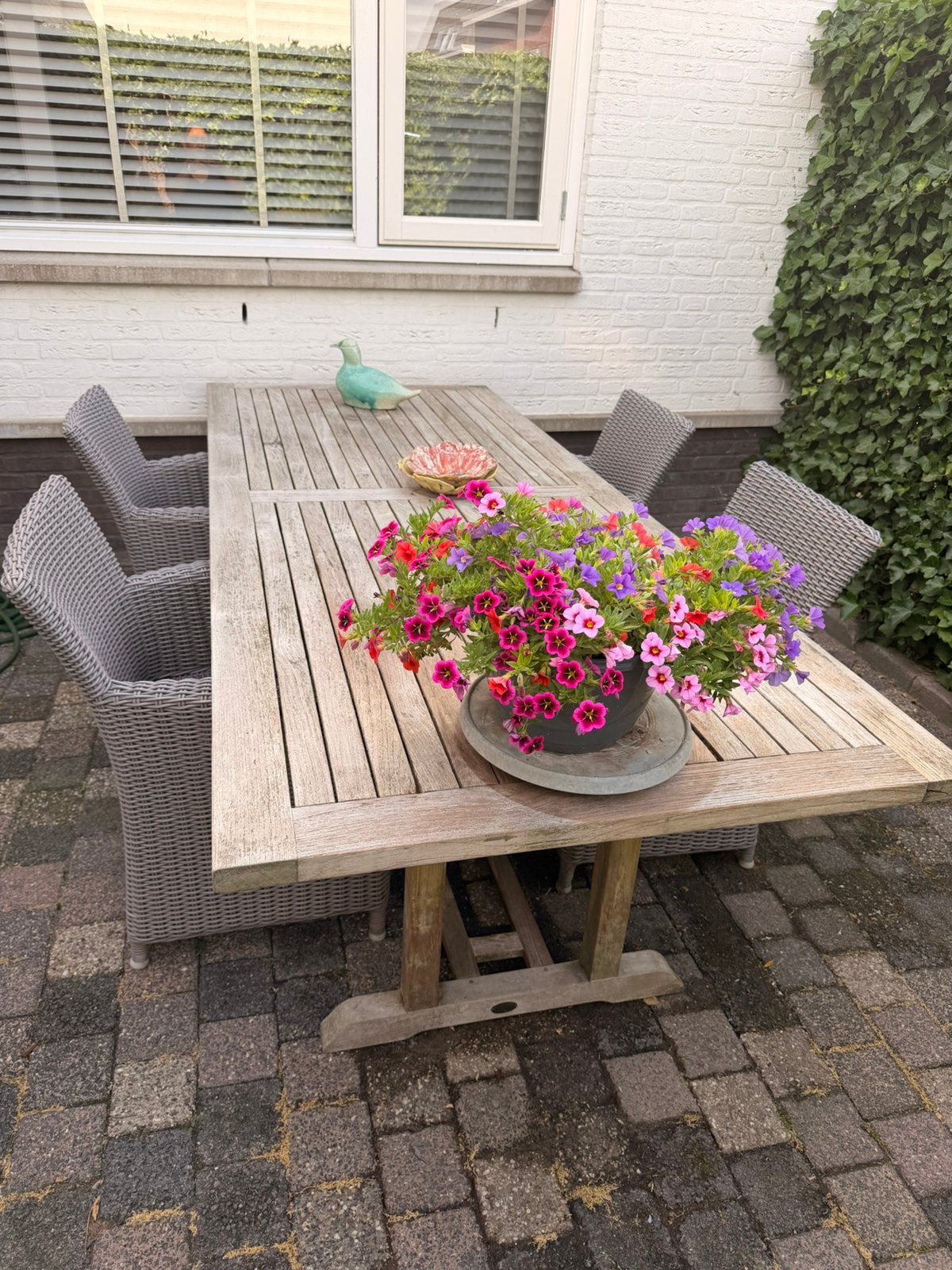 Tuinset – tafel 250x100 + 4 stoelen met kussens, Ophalen, Gebruikt, Tuinset