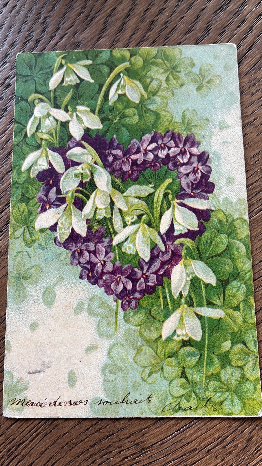 Hart met paarse bloemen en sneeuwklokjes. 1904, Verzamelen, Ophalen of Verzenden, Voor 1920, Gelopen, Overige thema's