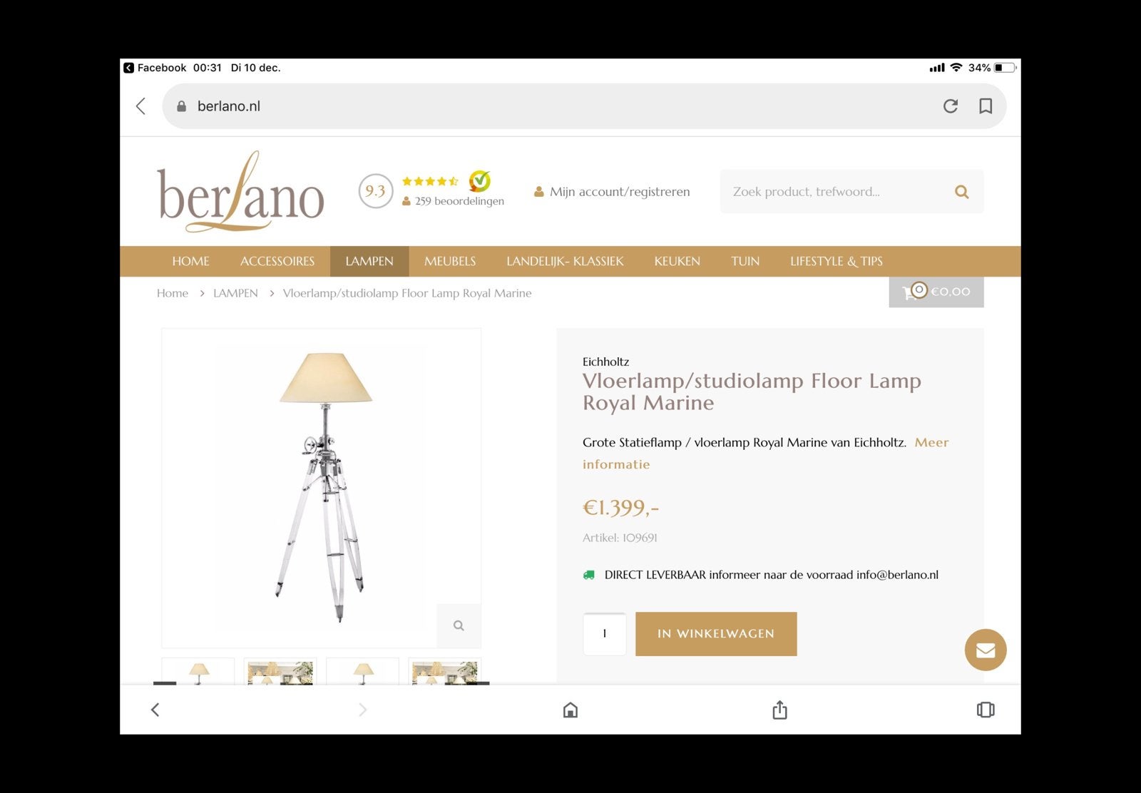 Eichholtz driepootlamp, Huis en Inrichting, Ophalen, Zo goed als nieuw, 150 tot 200 cm