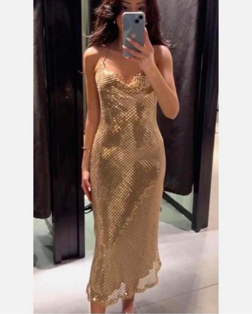 Zara Mesh Slip Midi Dress Gold Goud Metallic M NIEUW Jurk, Maat 38/40 (M), Galajurk, Overige kleuren, Nieuw
