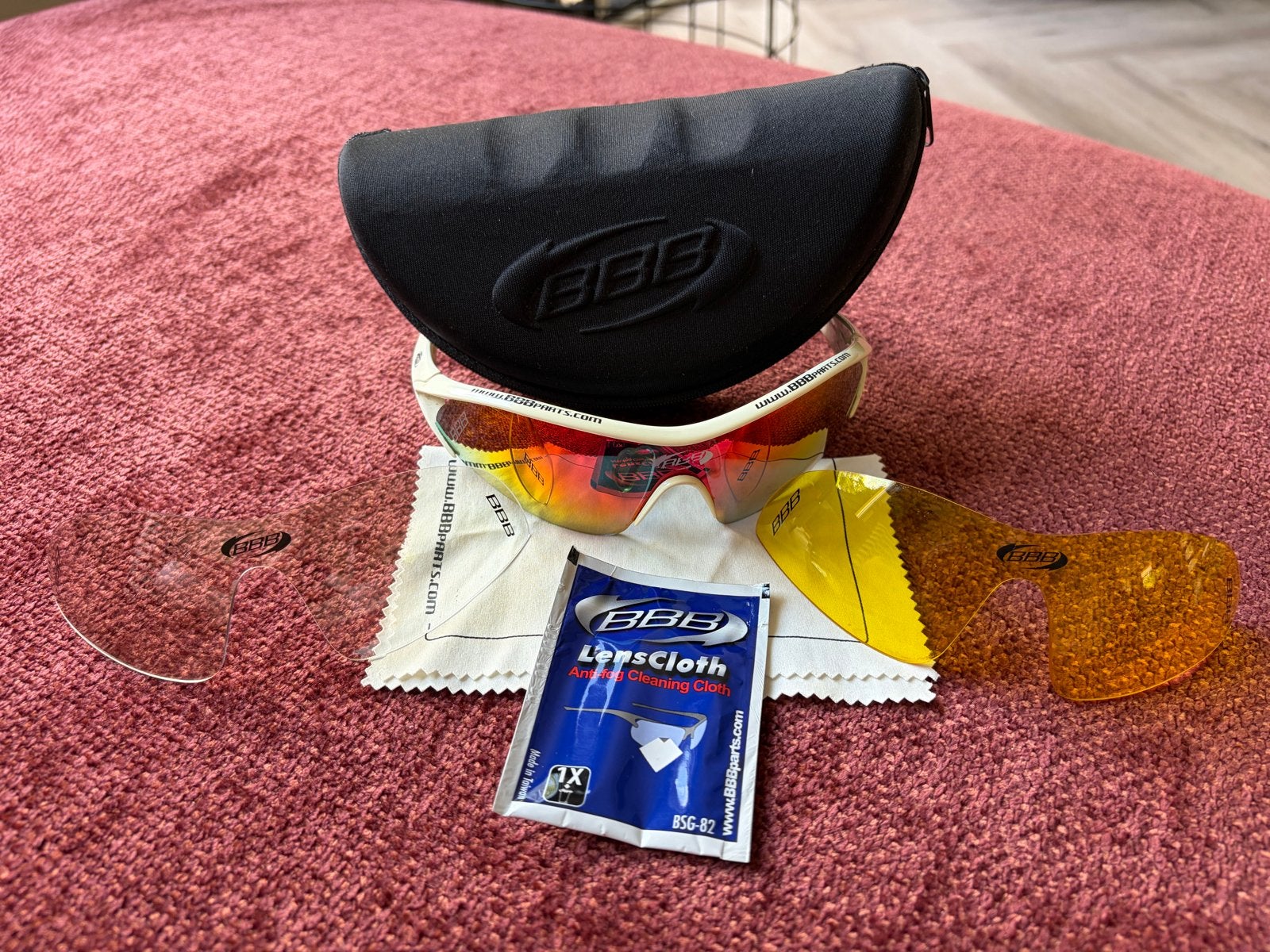 BBB Sportbril met wisselbare lenzen en accessoires, Gebruikt, Zonnebril, Wit, Ophalen