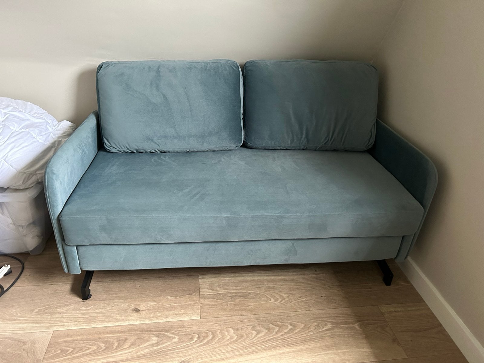 Slaapbank - Blauw fluweel, Blauw, Tweepersoons, Zo goed als nieuw, 200 cm