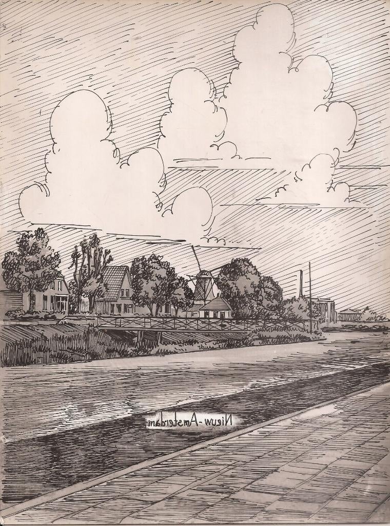 Nieuw-Amsterdam Dorpsgezicht met molen 1948 tekening Sievers, Antiek en Kunst, Kunst | Tekeningen en Foto's, Ophalen of Verzenden