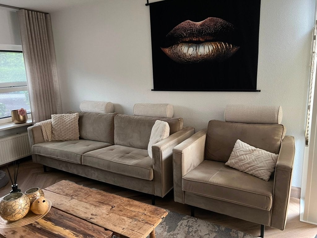 3-zitsbank en fauteuil zandbeige velvet/velours (BePureHome), Ophalen, Driepersoons, 75 tot 100 cm, Zo goed als nieuw