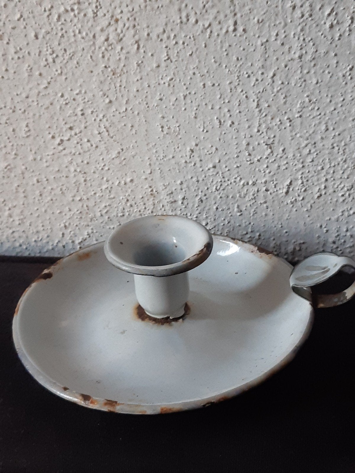 Ouderwetse emaille ,kandelaar  blaker,stoer sleetse brocante, Ophalen of Verzenden