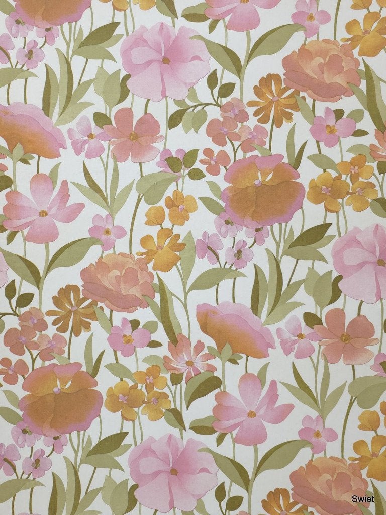 13992 vintage bloemen behang met veldbloemen in roze swiet, Ophalen of Verzenden, Roze