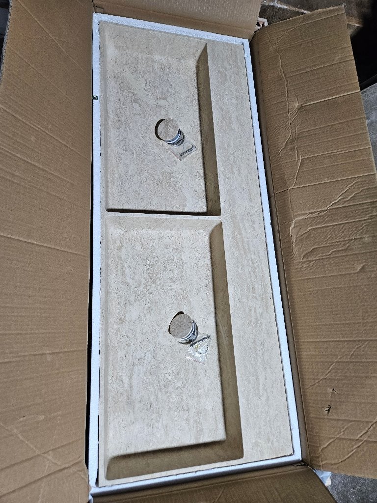 Traventin dubbele wastafel, Ophalen, Nieuw, Steen, Wastafel