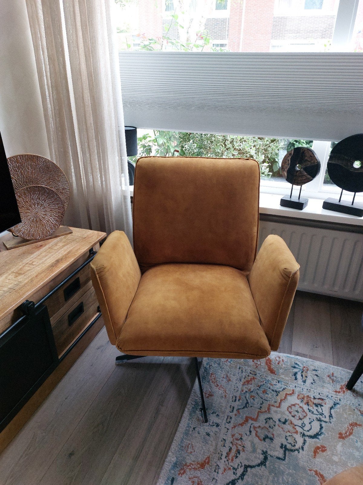 okér geel draai fauteuil, Huis en Inrichting, Ophalen of Verzenden, Zo goed als nieuw, 75 tot 100 cm, 50 tot 75 cm