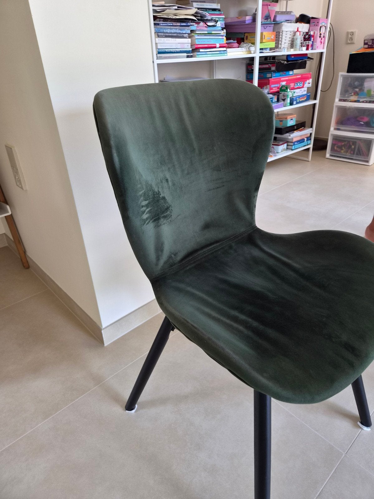 6 Groene Suede Eetkamerstoelen - Gebruikt, Gebruikt, Overige kleuren, Ophalen of Verzenden, Stof