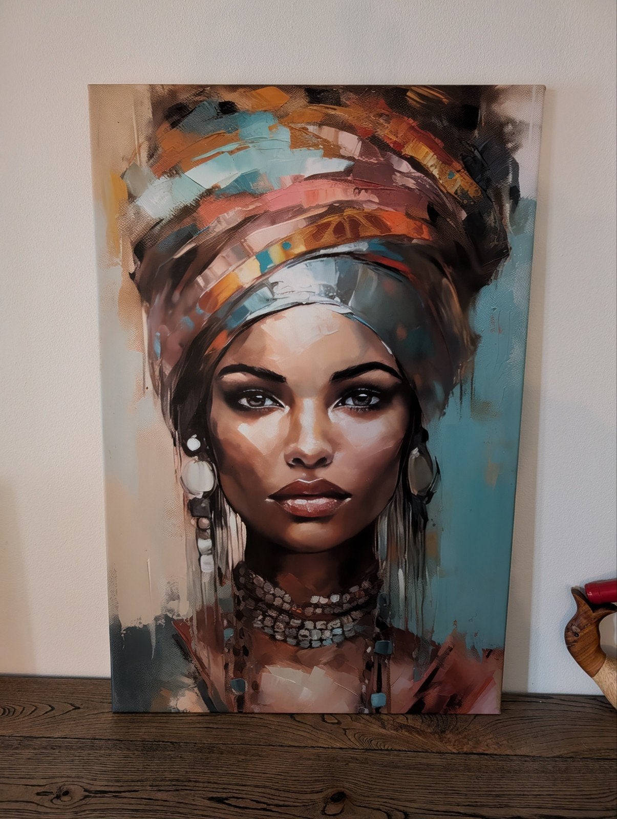 Schilderij Vrouw met Hoofddoek - Modern Portret, Antiek en Kunst, Ophalen, Op houten frame, Print, Portret