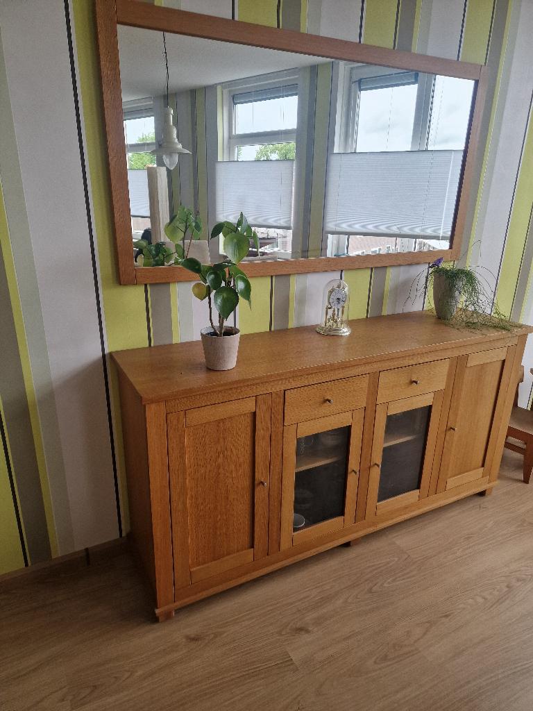 licht eiken dressoir en spiegel, Huis en Inrichting, Kasten | Dressoirs, Ophalen, Glas, Gebruikt, Met deur(en)