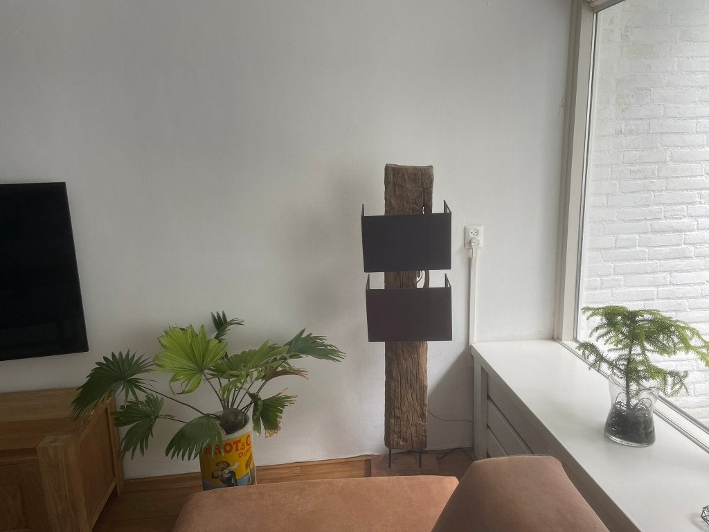 Stoere houten vloerlamp met 2 stoffen kappen, Ophalen, Gebruikt, Industrieel landelijk, 100 tot 150 cm