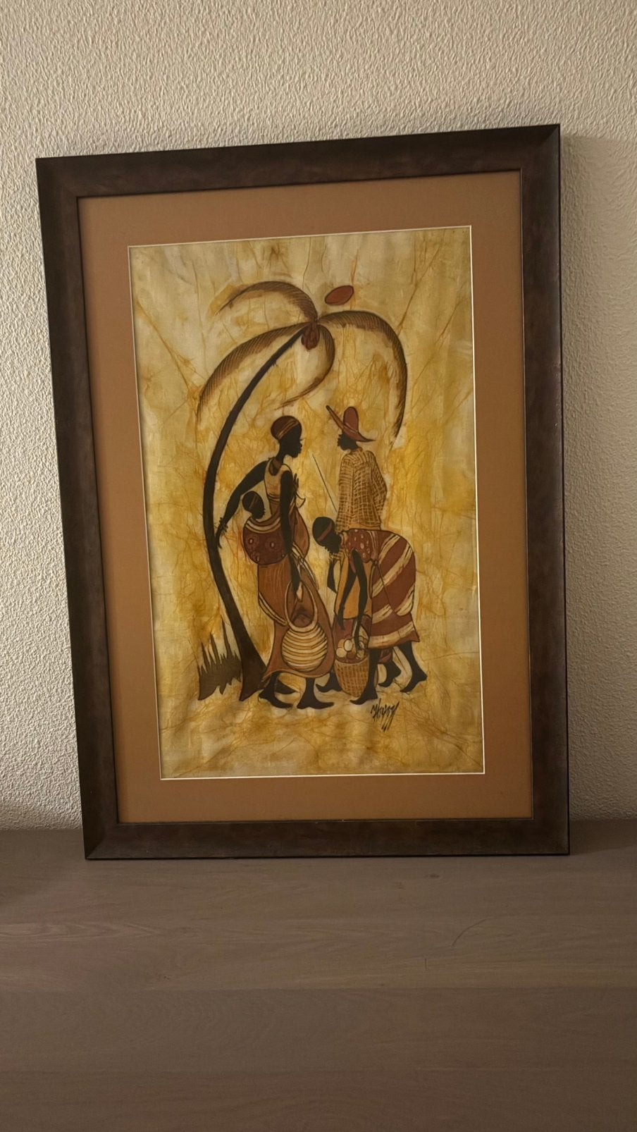 Schilderij met afrikaans doek, lijst met paspartout 90x63cm, Ophalen